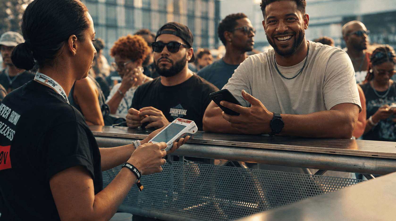 Festival staff taking a contactless payment at a bar rail